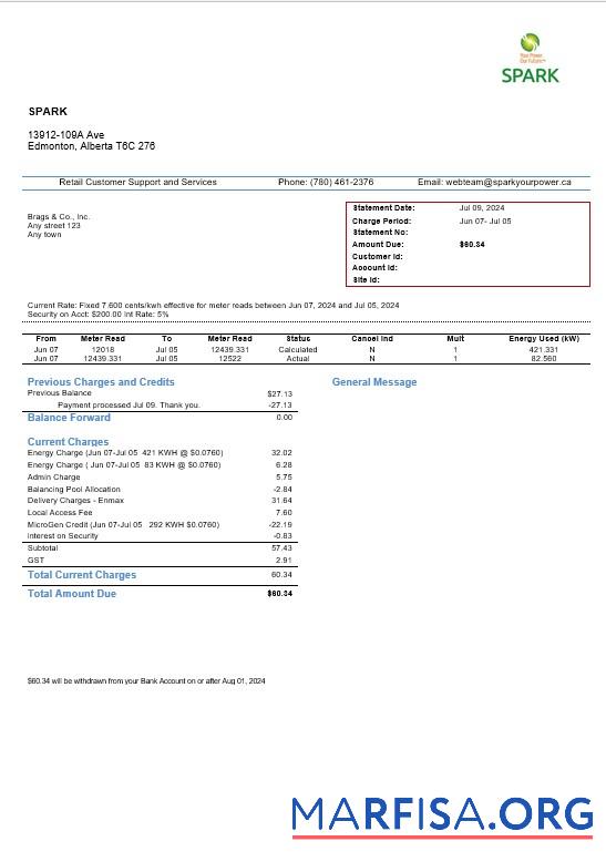 Downloadable Canada Alberta Spark business utility bill template in Word and pdf formats